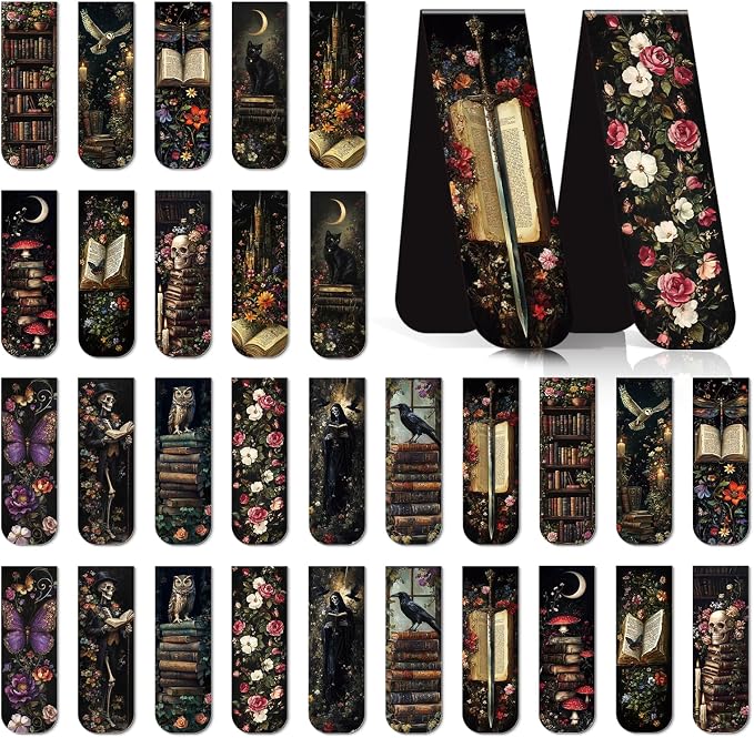Dark Academia Magnetic Bookmark Gifts - Cosmisun 45 Pcs Vintage Gothic Magnetic Bookmarks Witchy Skull Cat Owl Book Marks Page Magnets Marker Clip for Book Lovers Students Teacher Reading Bookis Gift