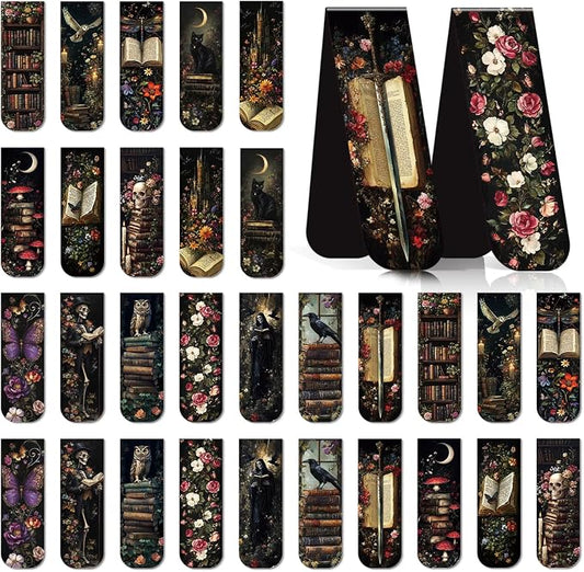 Dark Academia Magnetic Bookmark Gifts - Cosmisun 45 Pcs Vintage Gothic Magnetic Bookmarks Witchy Skull Cat Owl Book Marks Page Magnets Marker Clip for Book Lovers Students Teacher Reading Bookis Gift