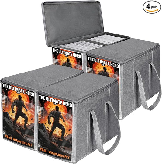 4 Pack Fabric Comic Book Storage Box, Sturdy Comic Book Holder with Adjustable Divider, Collapsible Book Organizer Holds 160-180 Comic Book Heavy Duty Bin Container, Grey