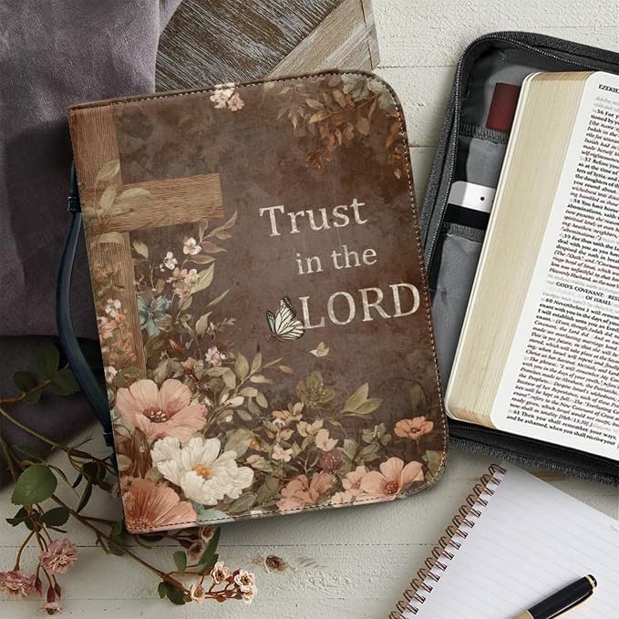 Vintage Style Brown Floral and Cross Bible Case with Bookmark Waterproof Bible Cover Case for Women Lightweight Bible Bag with Handle Pockets Church Book Bag