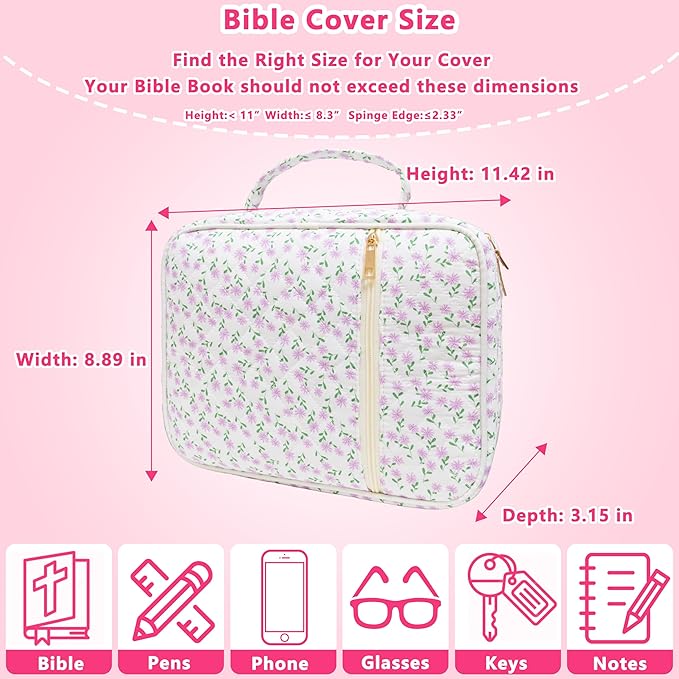 Bible Cover for Women, Large Quilted Case with Handle, Durable Bag and Carrying Case for Girls, Study Supplies Accessories, Christian Gift for Women (Purple Mini Floral, Large-Bag Set)