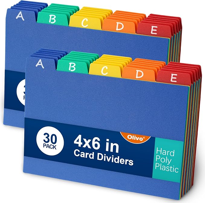Olivo Index Card Dividers Tabs 4x6 Poly Plastic Card File Guides 4" x 6", Colored, 60 Pack