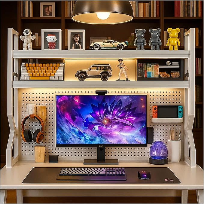 Desktop Hutch Bookshelf,Many Gifts,Metal Desktop Bookcase with pegboard, Desk Shelf White, Countertop Storage Organizer Rack for Dorm or Office,Desktop Shelves(White, 29.5" Lx9.9 Wx39 H)