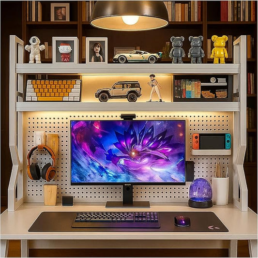 Desktop Hutch Bookshelf,Many Gifts,Metal Desktop Bookcase with pegboard, Desk Shelf White, Countertop Storage Organizer Rack for Dorm or Office,Desktop Shelves(White, 29.5" Lx9.9 Wx39 H)