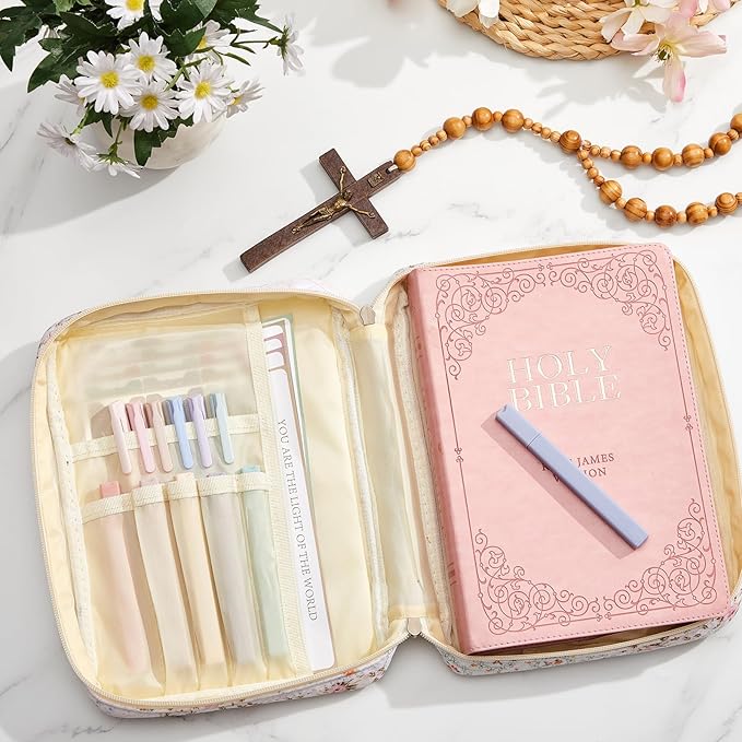 Sinload Quilted Bible Cover Case for Women Large Carrying Bag with Organizer Tabs 6 Colored Pens 6 Highlighters Book Tote Bags with Handle Bible Carry Supplies Christian Gifts(Colorful Floral)