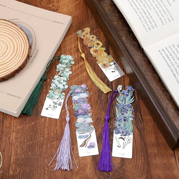 4 PCS Metal Bookmarks with Tassel, Retro Flower Oil Painting Bookmarks for Women (BKM-046-005-F4)