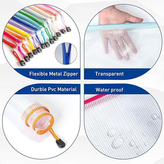 18pcs Mesh Zipper Pouch Bags, A4 Letter Size, 9 Colors Zipper Pouches for Organizing, File Storage Bags, Travel, School Office Organize
