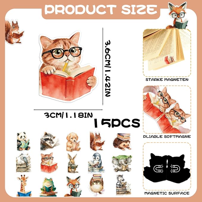 Cute Magnetic Bookmarks Gifts - 15 Pcs Funny Cats Dog Bookmark for Women Kids Book Lovers Students Bookworms Birthday Graduation Gift Magnet Page Clips School Office Reading Accessories
