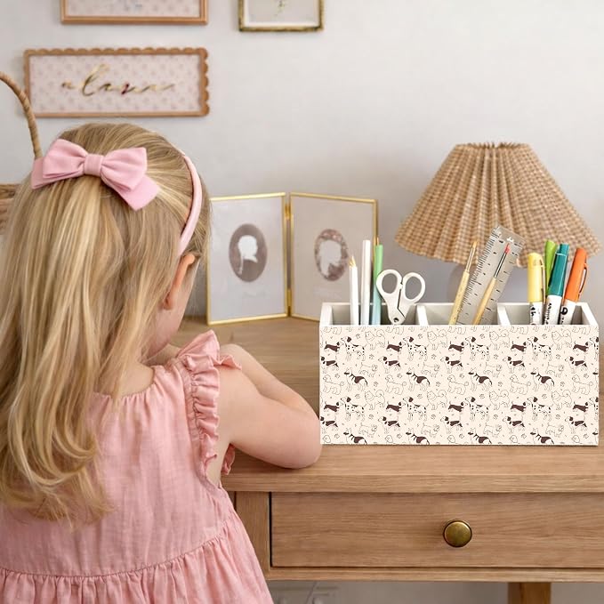 Cute Dog Pattern 3-Compartment Desk Organizer, Wooden Pencil Holder for Pens, Pencils, Scissors & Rulers, Fun Dog Design for Home, Kids, Office