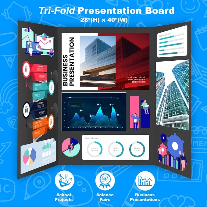 BAZIC Products Black Tri-Fold Presentation Board, 36 x 48 in, Corrugated, for Science Fair Displays, 2 Pack