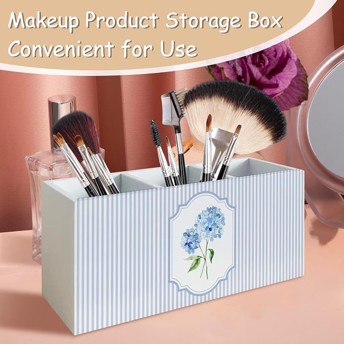 Blue Hydrangea Pen Pencil Holder Organizer for Desk, Blue and White Striped Floral Cottagecore Wooden Box Block Sign for Home Office Tabletop Decor
