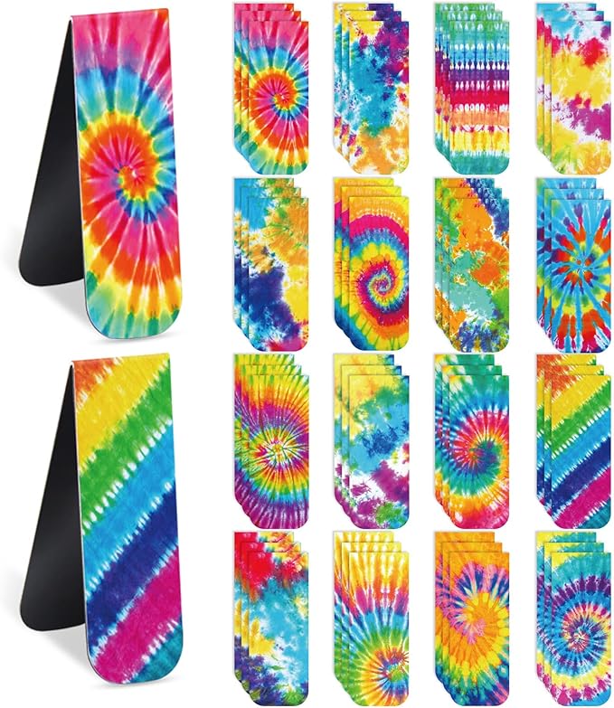 Faccito Tie Dye Party Favors, 48 Pcs Tie Dye Bookmarks Bulk Hippie Rainbow Bookmark Magnetic Clips for Kids Students Back to School Book Lover Classroom School Office Birthday Pastel Art Gifts