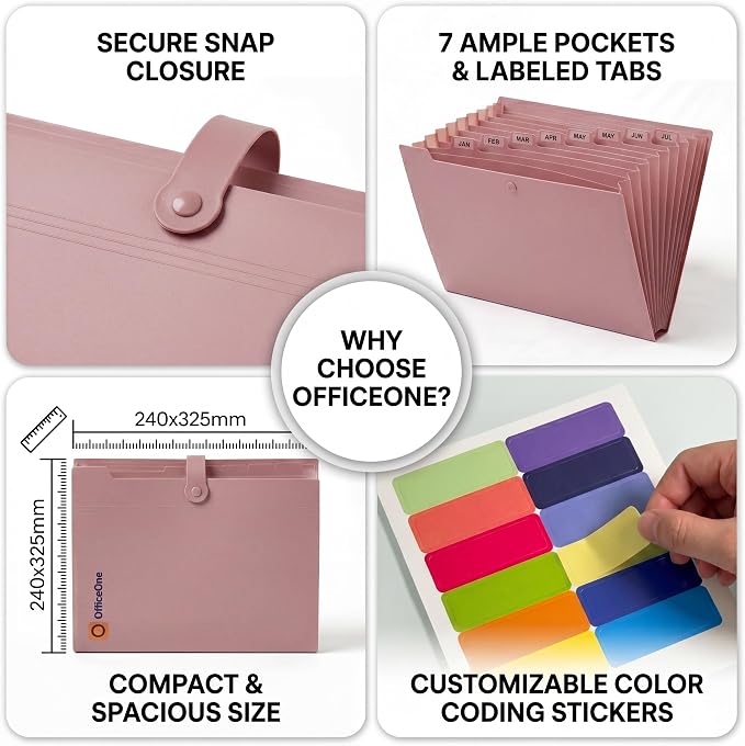 OfficeOne 8-Pocket Expanding File Folder, A4 Letter Size Accordion Document Organizer with Snap Closure, Labeled Tabs & Customizable Color-Coding Stickers, Home Office School (Dusty Pink)