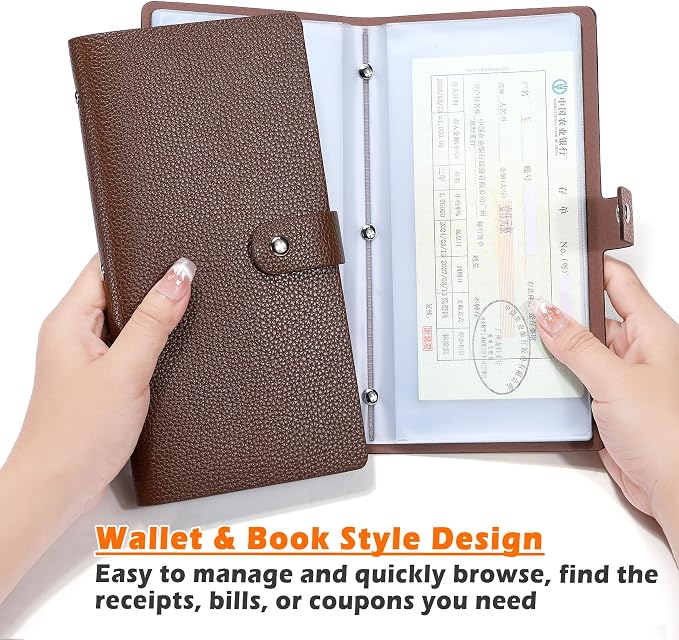 Leather Receipt Organizer,Coupon Organizer with 40 Pockets, Multi-Purpose Receipt Holder Organizer, Wallet Style Coupon Holder Prevent Loss or Damage of Receipts and Coupons (Darkbrown)