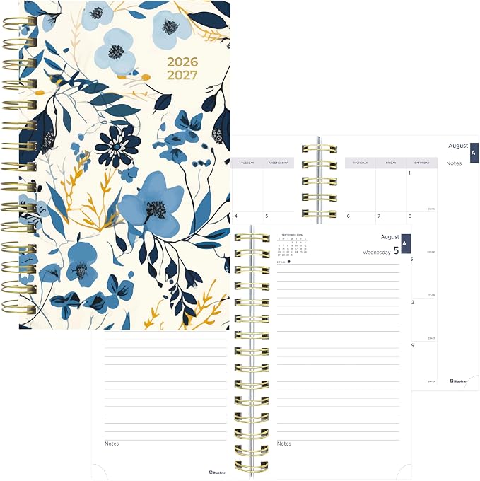 Blueline® Essential Academic Daily/Monthly Planner, August 2026 to July 2027, Twin-Wire Binding, Poly Cover, 8" x 5", Blossom Design, Yellow (CA214PG.01)