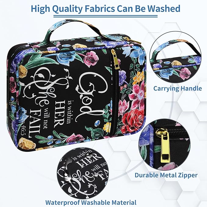 Bible Cover for Women, Bible Holder, Bible Cover Carrier Carrying Organizer Bag, God is Within Her She Will Not Fall, Zipper and Pockets for Standard Size Bible, Gift for Women（Chalk Drawing）