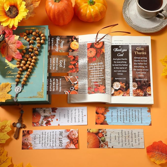Cholemy 200 Pcs Thanksgiving Bookmarks with Bible Verse Thanksgiving Bookmarks Bulk Religious Fall Paper Bookmark for Autumn Prayer Church Gifts Favors