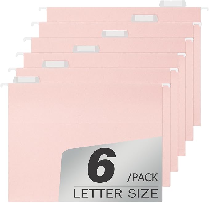 pmybupo Pink Hanging File Folders,6 Pack Reinforced Hang Folders Letter Size,Adjustable 1/5-Cut Tabs,Designed for Bulky Files,Filing Cabinet
