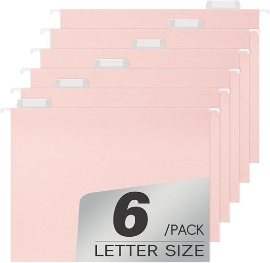 pmybupo Pink Hanging File Folders,6 Pack Reinforced Hang Folders Letter Size,Adjustable 1/5-Cut Tabs,Designed for Bulky Files,Filing Cabinet
