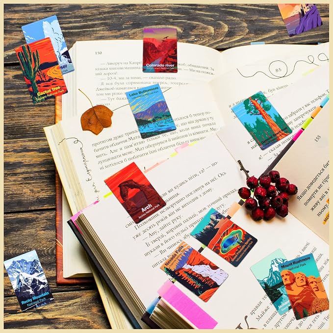 Outus 48 Pcs National Park Magnetic Bookmarks Page Markers Assorted Inspirational Book Mark Clip Set with National Park Landscape for Book Lovers Students Teachers Reading