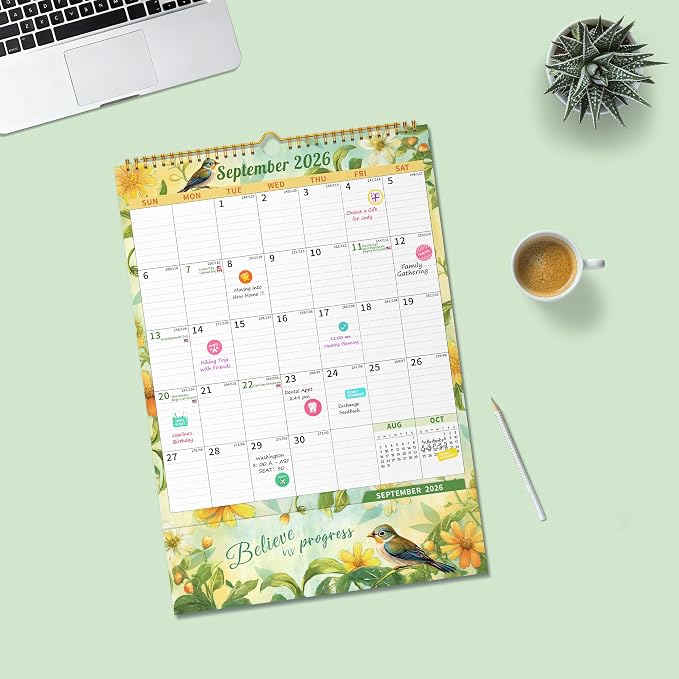 Ospelelf Wall Calendar 2026-2027 with Storage Pockets, 17" X 12" Monthly Large Planner Pad with Protective Cover and Stickers, for Family Fridge Office Teacher Student, Use July 2026 to December 2027 Retro