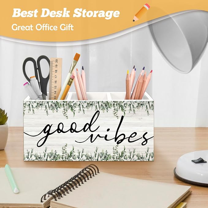 Inspirational Good Vibes Pen Holder Organizer for Desk Accessories, Motivational Botanical Wooden Box Sign Desk Decorations for Girls Room Bedroom Decor, Inspirational Gifts for Women