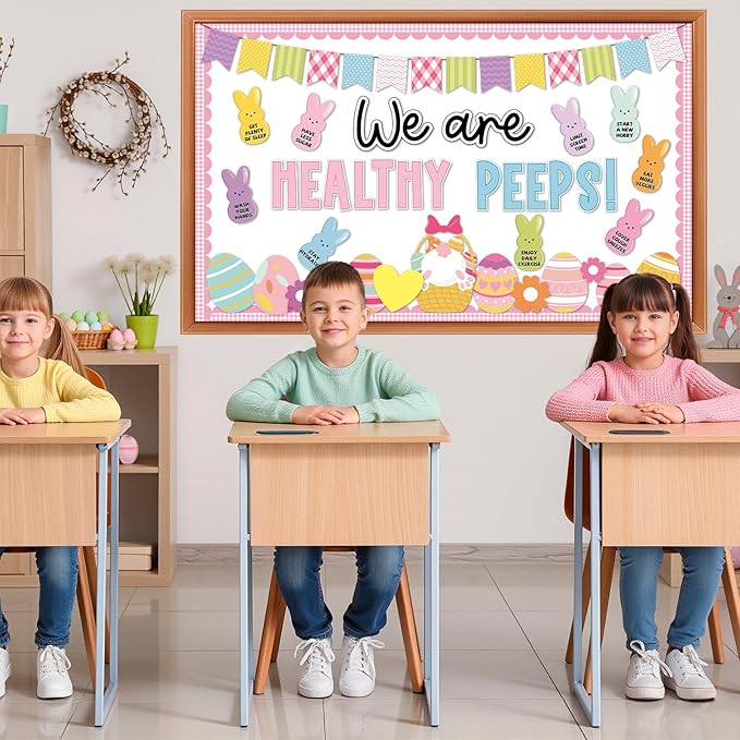 Easter Bulletin Board Decorations Set Health Habits Classroom Decoration Easter Egg Bunny Flower Cutouts Health Theme Bulletin Board for Spring Holiday Party School Home Nursery Chalkboard Wall Decor