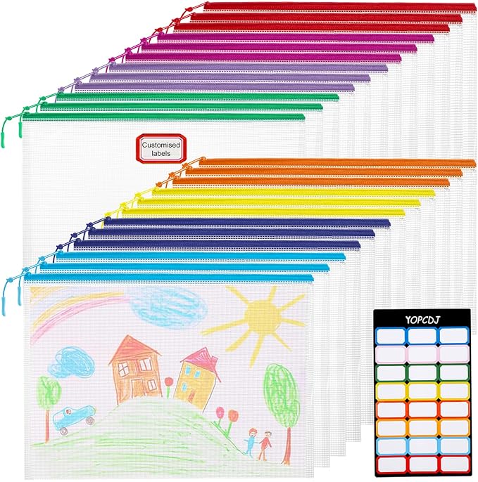 YOPCDJ 24pcs Mesh Zipper Pouch File Bags Puzzle Storage Bags, A4 13x9 Inches Large Reusable Zipper Pouches for Organizing Classroom Board Game Organization