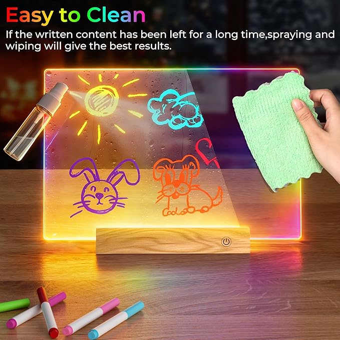 Rechargeable 11.8”×7.9” Glow Doodle LED Note Board with Colors,2 Modes&7 Colors with Remote Control,LED Drawing Board for Office/Café/Home Decor&Message,Birthday/Holiday Gifts,Wood Grain