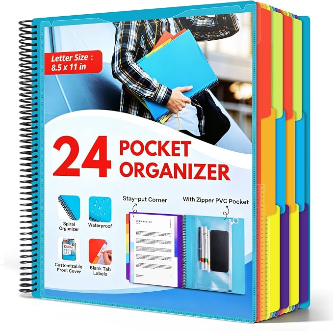 24 Pocket Poly Project Organizer for Office & Home, Large Capacity Expandable File Folder with Dividers, Heavy Duty Accordion Folder for Documents, Bills, Files Organization (Blue)