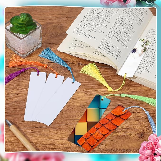 50 Sets Sublimation Blank Bookmarks, DIY Blank Aluminum Metal Bookmarks with Clear Bookmark Sleeves Tassels and Self-Sealing Bags for Crafts Birthday Reading Back to School Supplies