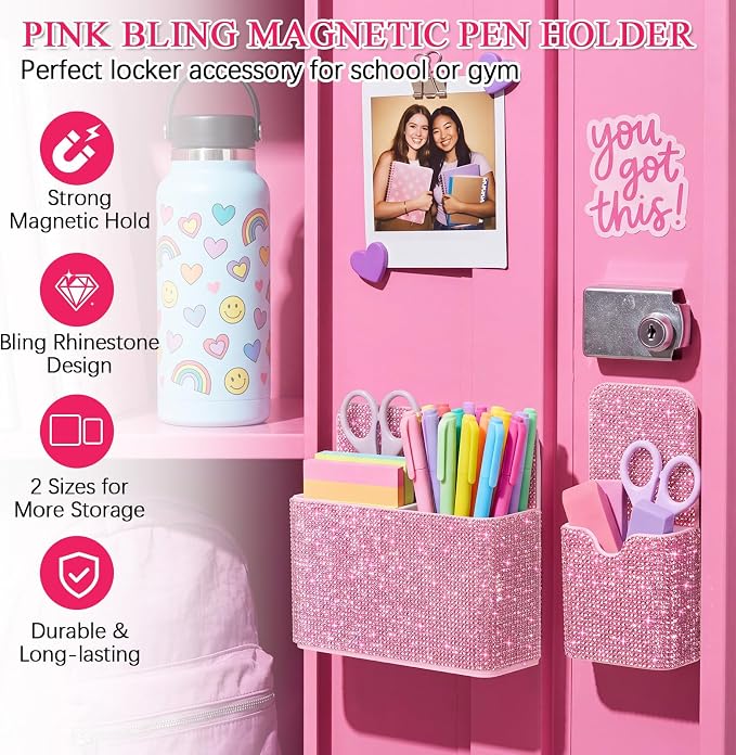 MotiMind 2 Pcs Pink Bling Magnetic Marker Holder Women Girl Locker Accessories Marker Pen Pencil Holder for Refrigerator Whiteboard Sparkly Gift Desk Organizer for School Office (Rhinestone)