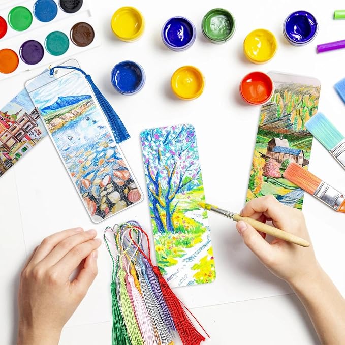 180pcs Kraft Paper Blank Bookmarks,60pcs Make Your Own Watercolor Paper Bookmarks,with 60pcs Clear Bookmark Sleeves,60 Tassels in Ten Colors,for DIY Crafts and Gifts