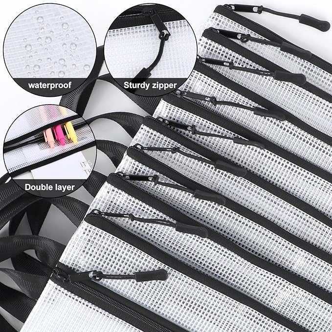 Double Layers Mesh Zipper Pouch Bags A4 (13x9 in, 24 Pcs) Black Zipper Bags, Waterproof File Pouches for Puzzles Board Game Teacher School Classroom Office Supplies Travel Bag