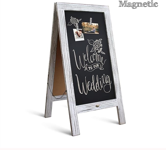 A Frame Chalkboard by HBCY Creations: 40x20 Solid Wood A-Frame Sign Whitewashed Double-Sided Magnetic Board, Chalkboard Menu Board, for Restaurants, Cafés, Weddings - Heavy Duty Hinges