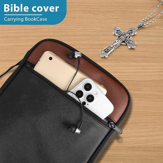CDBXPRG Bible Cover, Bible Carrying Book Case for Women,Protective Church Organizer Holder Bag with Handle Pockets,Christian Gift for Girls Boy and Men Brown