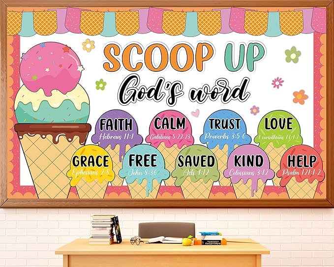 Summer Religious Bulletin Board Set Christian Bible Verse Classroom Decoration Summer Ice Cream Bulletin Board Inspirational Jesus Paper Cutouts for Sunday School VBS Church Home Chalkboard Wall Decor