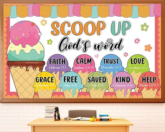 Summer Religious Bulletin Board Set Christian Bible Verse Classroom Decoration Summer Ice Cream Bulletin Board Inspirational Jesus Paper Cutouts for Sunday School VBS Church Home Chalkboard Wall Decor