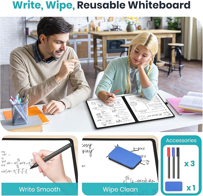 WALGLASS Double-Sided Small White Board Dry Erase, 12'' x 9'' Portable Reusable Whiteboard Notebook, Foldable Mini Handheld Board for Student Practice, Home, School, Office, Travel - Black PU Leather