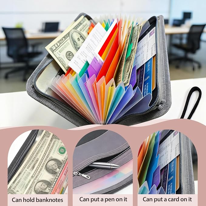 2pcs Portable Receipt Organizer & Coupon Holder, 12 Pockets Accordion Expanding File with Adjustable Wrist Strap, Zipper Closure Budget Organizer for Bills & Expense Tracking