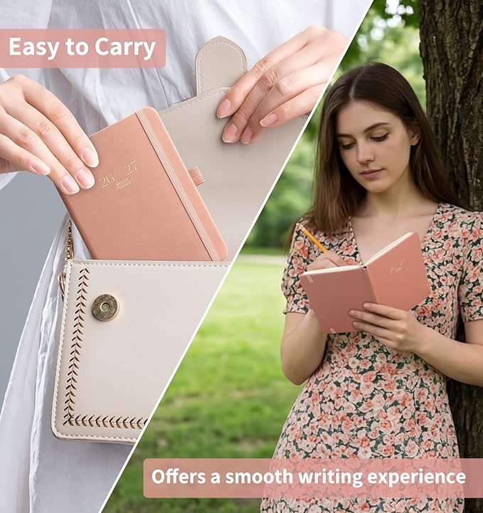 EMSHOI Pocket Calendar 2026-2027, Small Mini Academic Planner Weekly and Monthly, July 2026-June 2027, School Student Teacher Agenda, Leather Hardcover, 100GSM Paper, Tabs, A6 4.3"x6", Pink
