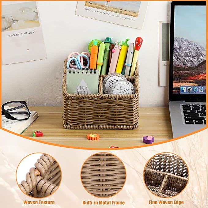 BTSKY 3 Slots Natural Woven Remote Control Holder for Desk Rattan Media TV Caddy Storage Holder Office Supply Storage Rack Desk Accessories Organizer For Living Room Bedroom Countertop, Dark Brown