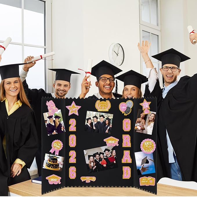 AmazingSpark 4 Sets Graduation Photo Display Board Trifold Poster Board with 12 Graduation Themed Stickers for 2026 Grad Party Decoration Picture Collage Frame Supplies (24 x 16,Pink Gold)