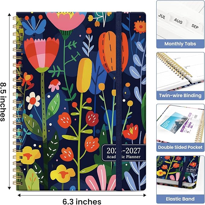 Planner 2026-2027, Academic Monthly and Weekly Calendar Planner for Women, July 2026 - June 2027, Hardcover Pretty Agenda Planner Book with Tabs, Spiral Daily Organizer for School Office Home Supplies, 6.3" x 8.5" - Bloom Burst