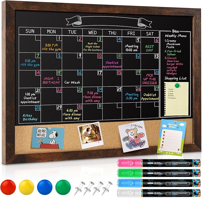 GOTIDEAL Chalkboard Calendar 36" x 24" Chalk Board Calendar for Wall Magnetic Chalkboard Framed,Wall Mounted,Blackboard for Office,Kitchen,School,Home