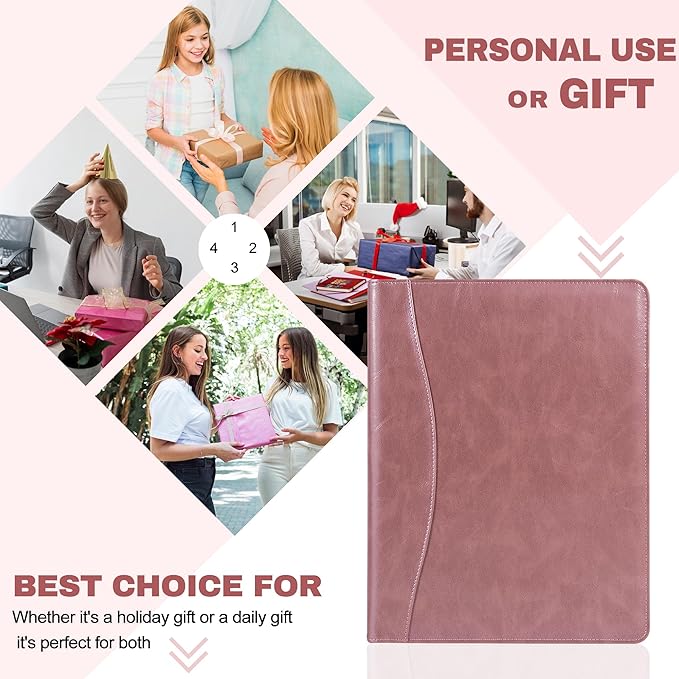 Free Engraved Name,Padfolio Portfolio PU Leather Binder,Interview Resume Folder,Business Card Holder, Organizer with A4 Legal Pads for Men Women(Rosegold,Custom)