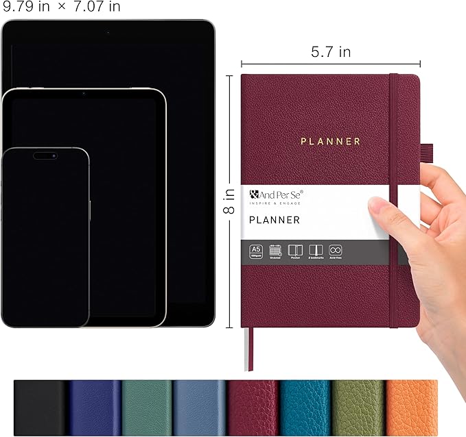 And Per Se Undated Weekly Planner 2026, A5 size Leather Hardcover Planner with Goals & Habit Tracker – ADHD Planner & Productivity Journal (Dark Red)