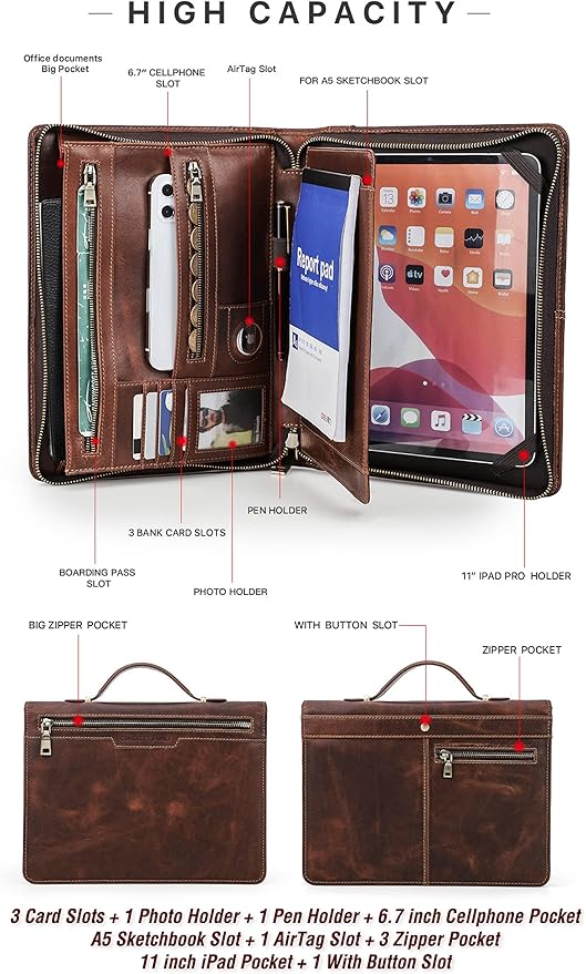 Top Grain Leather 11" Strap Portfolio, Solid Retro Design, Handmade, Large Capacity Multi-Functional Business Zip Padfolio, Holder for Cards/iPad/Phone/AirTag/A5 Paper, Red Coffee 11 Inch