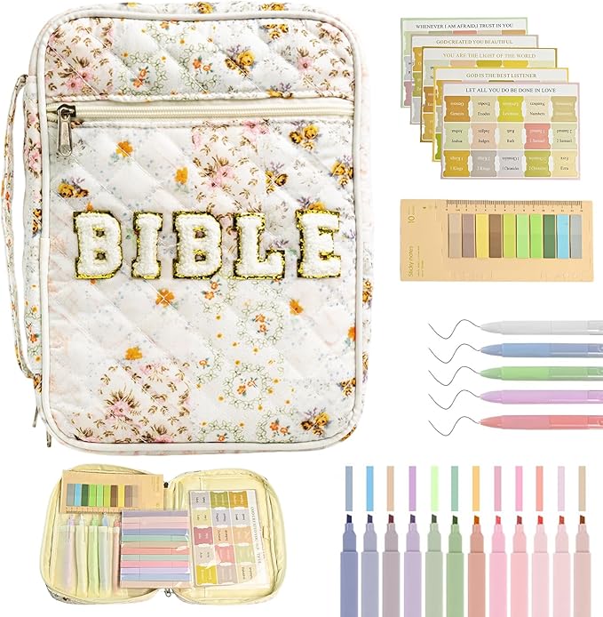Bible Cover Case for Women Large Chenille Letter Bible Bag with Handle Quilted Bible Carrying Case for Girls Bible Study Supplies Accessories (Spliced Flower)