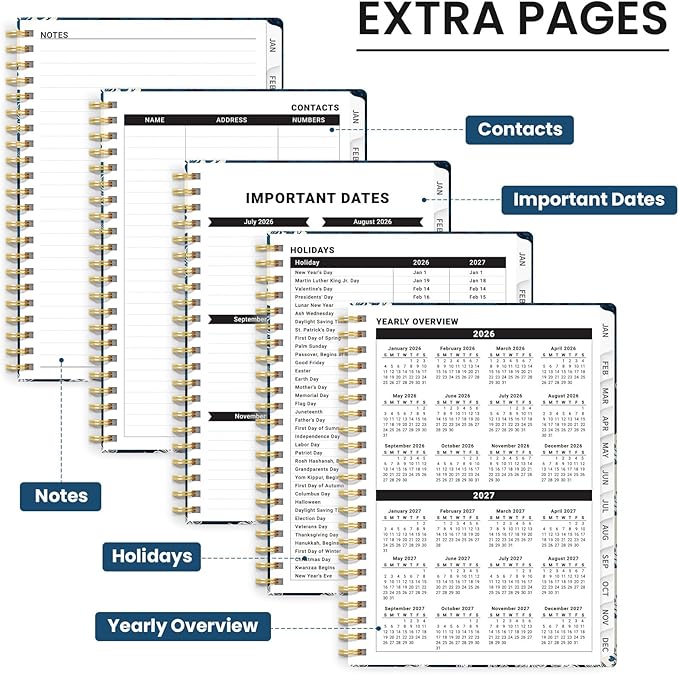 2026 Planner, Weekly and Monthly Planner for Women, January 2026 - December 2026, Hardcover 2026 Calendar Planner Book with Tabs, Inner Pocket, Spiral Bound, Perfect for Office Home School Supplies - A5 (6.3" x 8.5"), Indigo Patchwork